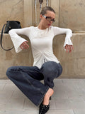 Autumn 2025 New White Collar Design T-Shirt Women's Fashion Long-Sleeved Horn Sleeve Top 68HZ