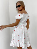 Spring New Love Print Cotton Collar Bubble Sleeve High-Waisted Dress 2025 Fashion Short Dress Woman 68HZ