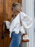 Autumn Texture V Collared Horn Horn Sleeve Shirt Female White Chiffon 68HZ