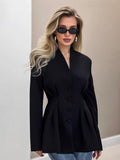 Women's Autumn Temperament Elegant Repair Waist Black Small Suit Commuting Design V Collar Suit Coat 68HZ