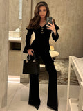 Autumn And Winter Retro Black Sexy V-Necked Bodywear Fashion Waist Horn Pants Elegant Suit Woman 68HZ