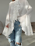 White Chiffon Design Round Collar Horn Sleeve Lotus Leaf Side Women's Shirt 2025 Spring And Summer New Fashion Woman 68HZ