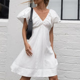 White French Cotton Foam Sleeve V Tie Dress 2025 Summer Fashion New Short Dress 68HZ