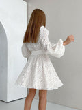 2025 Spring Temperament White Hollow Flower Lantern Sleeve Dress Women Fashion Waist A Skirt Short 68HZ