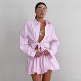 Pink Striped Cardigan Long-Sleeved Shirt Top Loose Folded Skirt Two Sets Of Summer Comfortable Fresh Suit Woman 68HZ