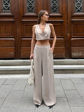 Summer Fashion Design Feel Sleeveless V Collar Umbilion Short Waist Broad-Footed Trousers Temperament Casual Takts Suit Woman 68HZ