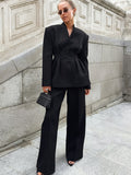 Black High-End Long-Sleeved V-Neck Folded Waist Blazer Trousers Two-Set Autumn Women's Suit Suit 68HZ