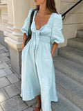 New French Elegant Dress In Summer 2025 Sexy Low-Breasted V-Neck Bubble-Sleeved High-Rise Cotton Dress 68HZ