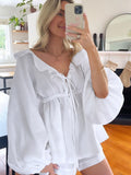 2025 New Cotton-Song White Lantern Sleeve V-Neck Top Shorts Set Summer Women's Two-Set 68HZ