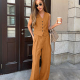 Fashion Solid Cotton Commuting V Collar Vest Trousers Two Sets Of Summer Casual Suit Women 68HZ