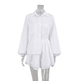 2025 Summer Cotton Women's Long-Sleeved Top Lotus Side Shorts Two Sets Of Casual Fashion White Set 68HZ