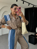 Small Design Feel Denim Spliced Striped Workwear Set Women's High-End Straight Trousers High-End Two Sets 68HZ