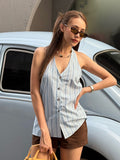 Fashion Temperament Sense Commuting Striped Neck Repair Slimming Vest Summer Sexy Bare Back Dress Woman 68HZ