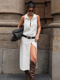 Vintage Cotton Women's Shoulderless Sleeveless Single Buckle 2025 Summer New Long Shirt Collar Dress 68HZ