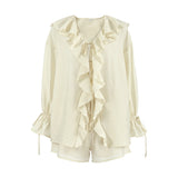 French V-Neck Loose Lotus Leaf-Side Shirt Hot Pants Set 2025 Spring New Fashion Two-Piece Set 68HZ