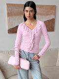 Women's Clothing 2025 Autumn And Winter New Long-Sleeved T-Shirt V-Neck Fashion Temperament Commuting Lotus Leaf Blouse 68HZ