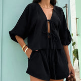 2025 French Autumn Bubble Wrinkled Casual Set Through Bubble Bubble Sleeve V Tie With High Waist Hot Pants Set 68HZ