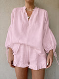 Fashion Cotton Hemp Solid Color Loose V-Neck Lantern Sleeve Shorts Two Sets Of Summer Sexy Tie High-Waisted Suit 68HZ