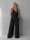 Summer Simple Fashion Casual Sleeveless Vest V-Neck Solid Color Loose Broad-Footed Trousers Two-Set Commuting Suit 68HZ