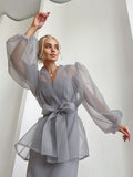 Spring 2025 Y2K Sexy Black Perspective Yarn Shirt Women's Niche Bubble Sleeve Long-Sleeved Shirt Folded 68HZ