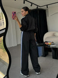 Small Design Feel Denim Spliced Striped Workwear Set Women's High-End Straight Trousers High-End Two Sets 68HZ